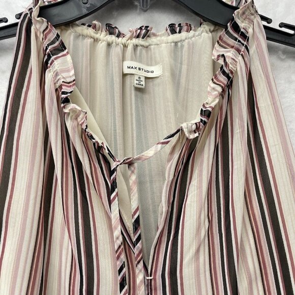 Max Studio Tank Top Women's S Beige Pink Striped V Neck Tie Neck Ruffles Halter - Picture 7 of 9